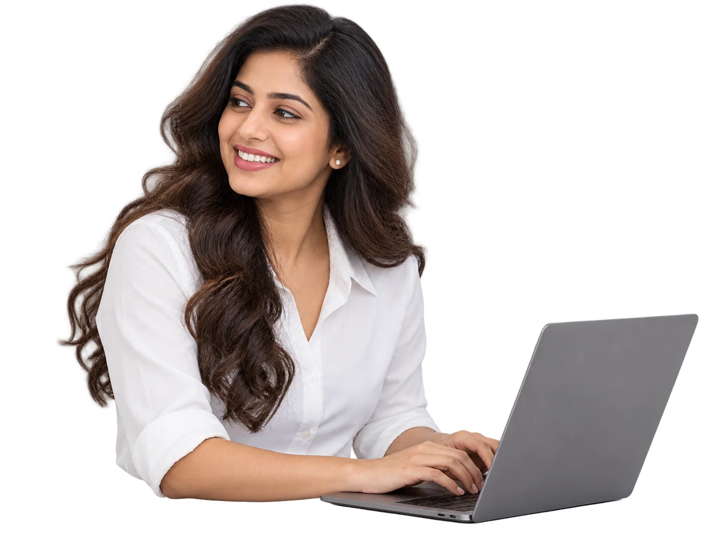 Smiling digital specialist in a white blouse working on a laptop