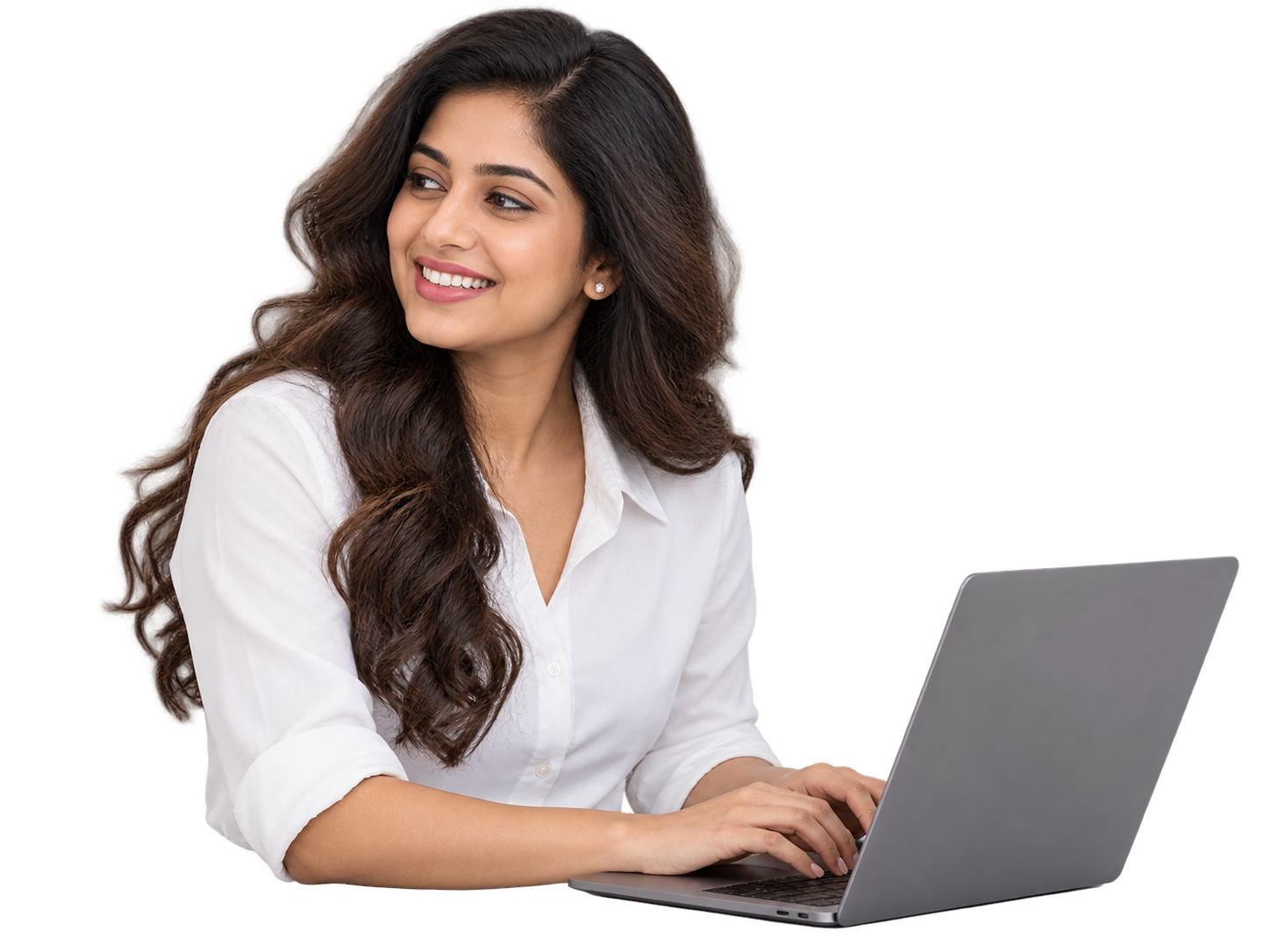 Digital specialist smiling while working on a laptop