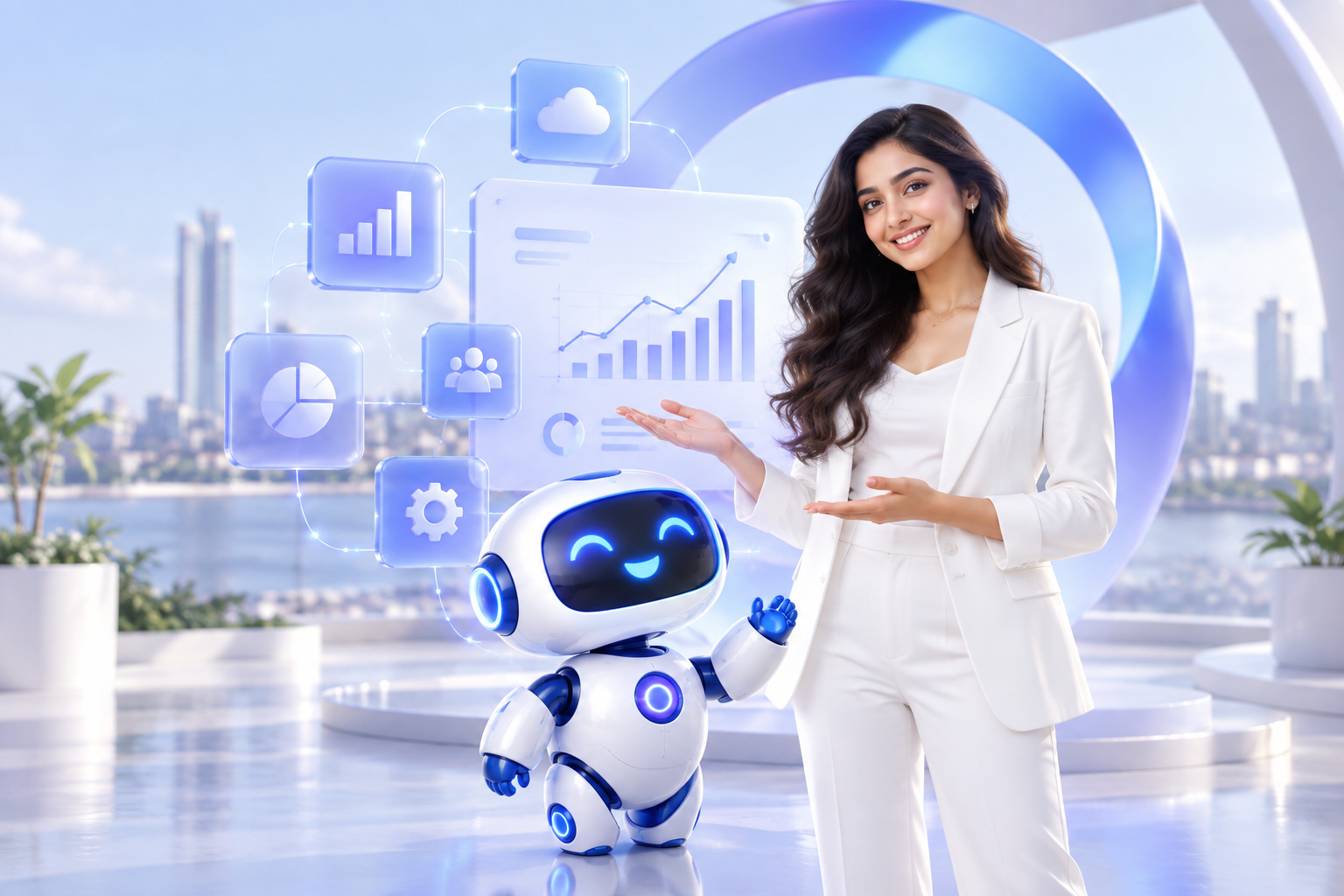Illustration of a digital consultant presenting connected business tools and a friendly AI robot